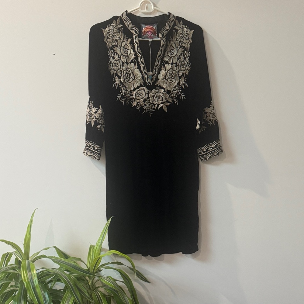 Johnny Was Black Dress with Cream Floral Embroidery